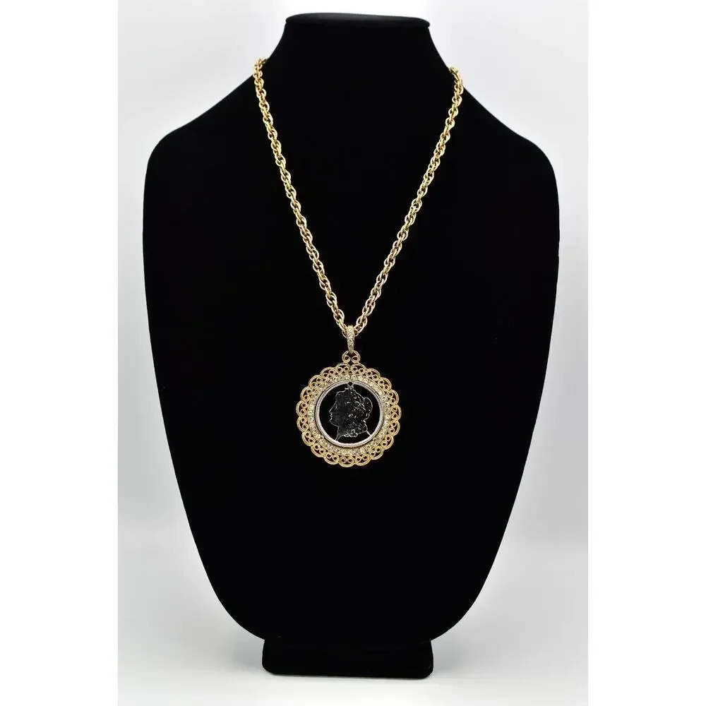 Vintage Carved Coin Heavy Pendant Necklace Crystal Chain Gold Chunky 1970s BinBH